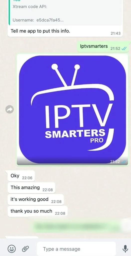 WhatsApp chat with an IPTV SMART customer confirming the service works (2/7)