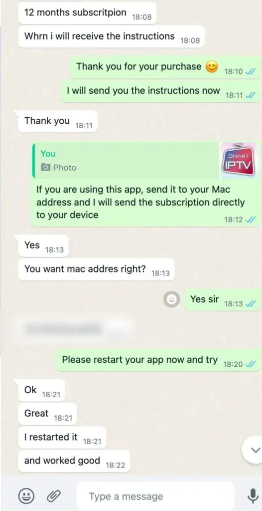 WhatsApp chat with an IPTV SMART customer confirming the service works (7/7)